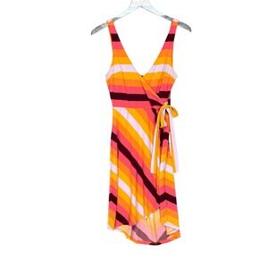 Express Dress Womens XS Orange Pink Rainbow Striped Wrap Dress Sleeveless Summer